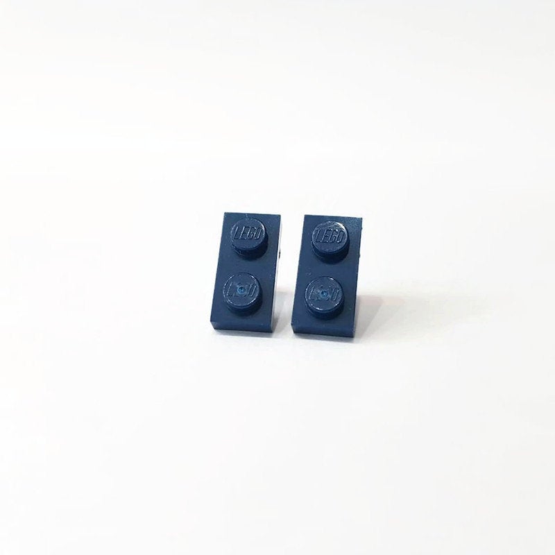 Navy blue stud earrings with lego bricks