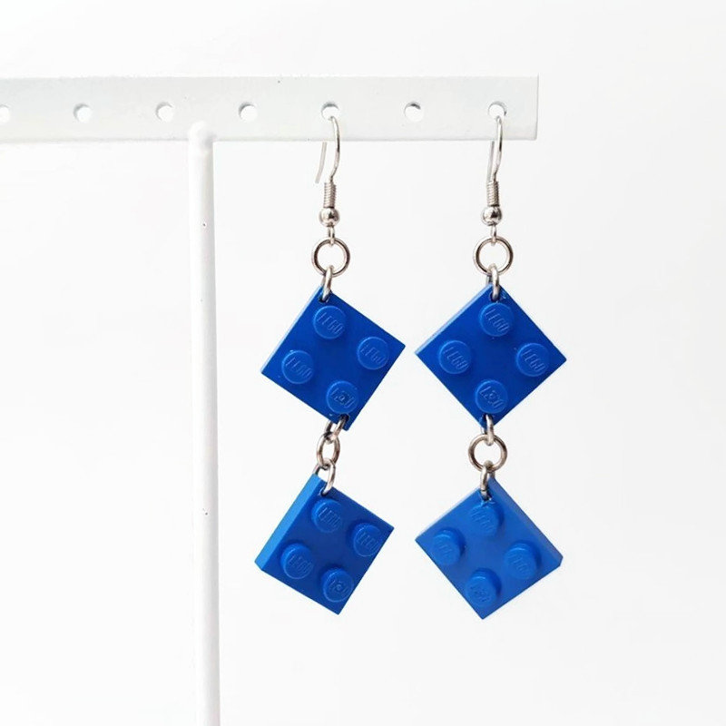 Blue fashion earrings made from building bricks