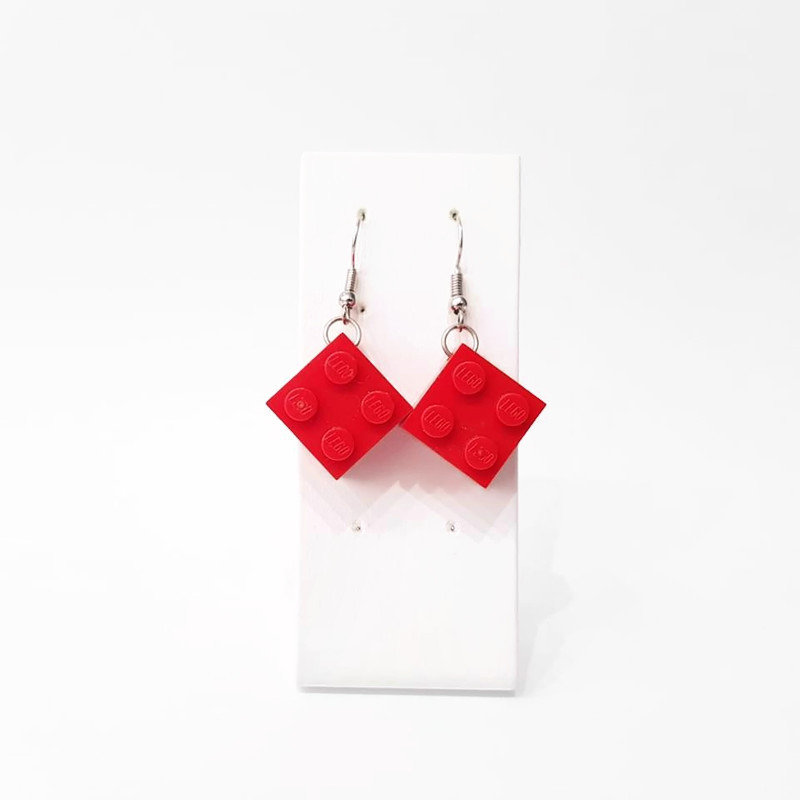 Red lovers earrings made from lego bricks