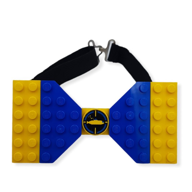 Lego brick bow tie with blue and yellow