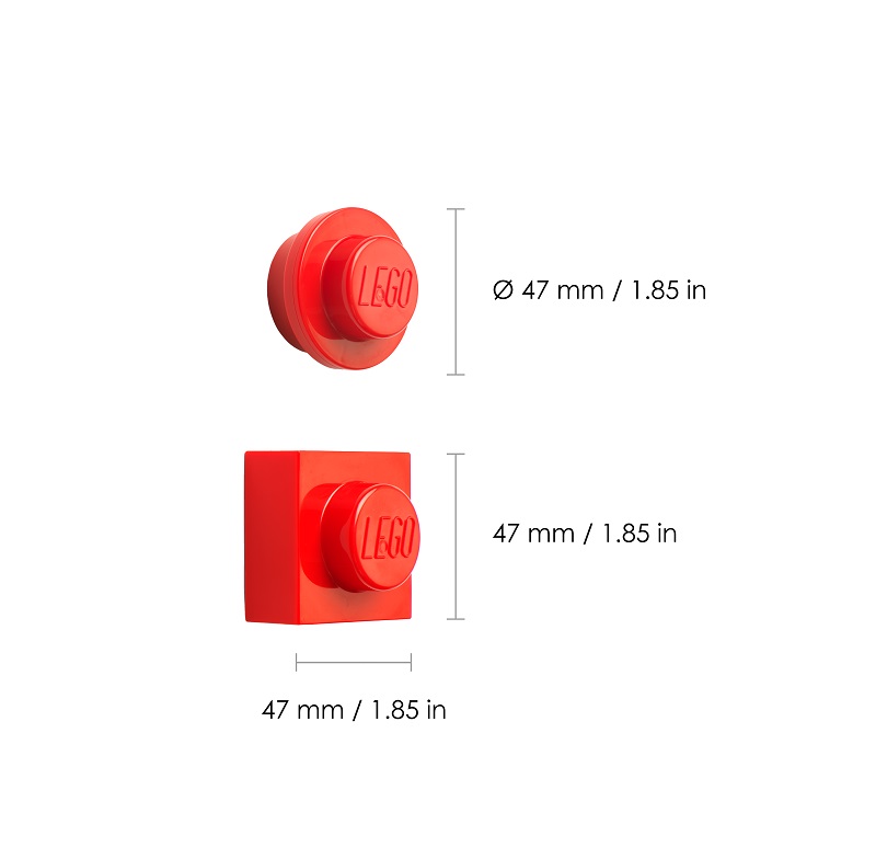 red Lego magnets dimensions