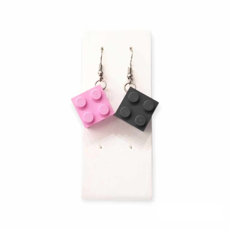 mix and match your pair of lego drop earrings - pink and dark gray