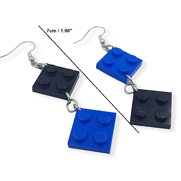 geeky girls earrings made with black and blue legos
