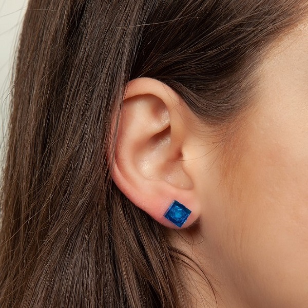 blue earrings for her made with lego bricks