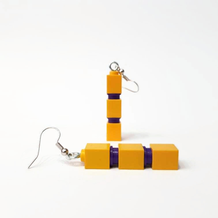 yellow and dark purple lego earrings