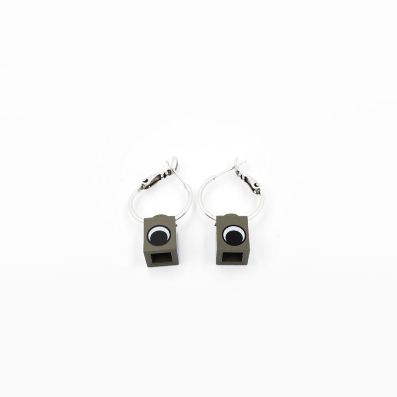 gray lego hoop earrings with eyes