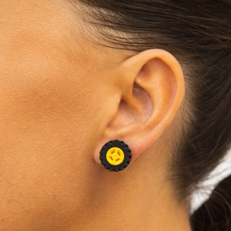 fun lego earrings for drivers, yellow wheel