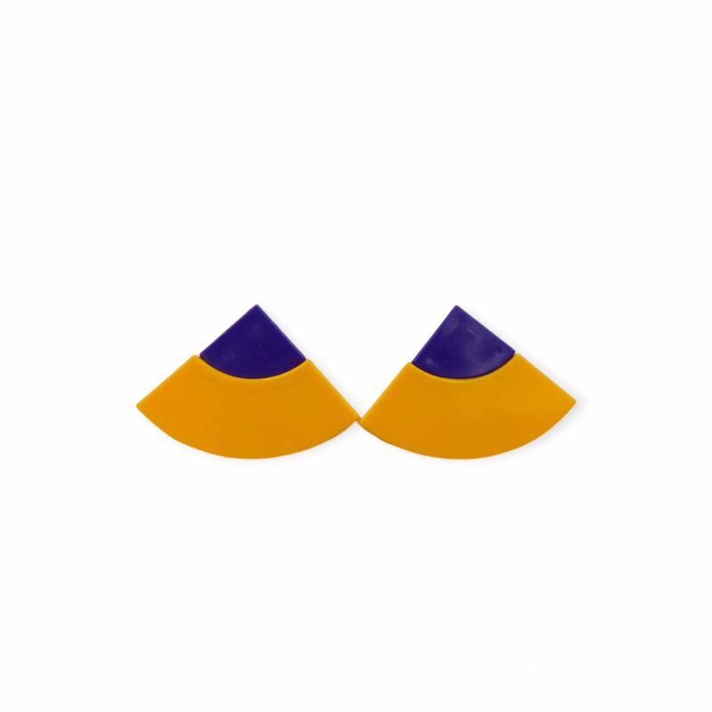 bright yellow and dark purple lego earrings