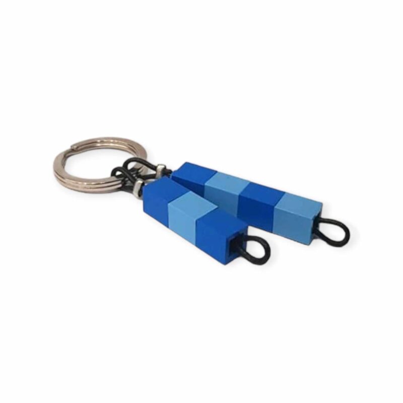 blue and light blue lego keychain made by think bricks