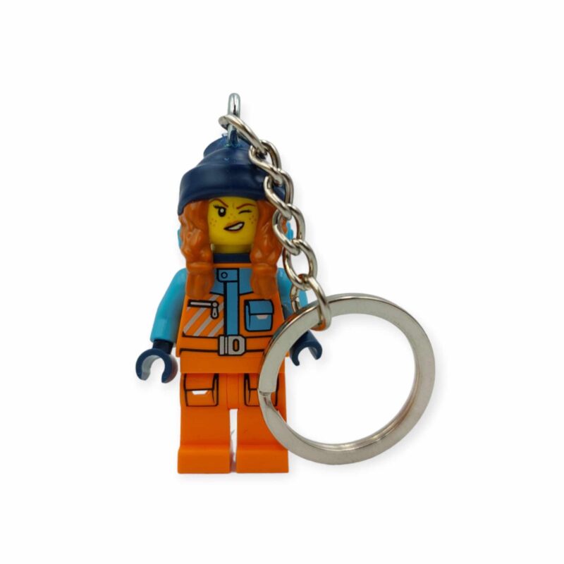 a cool traveler woman minifigure made keychain by think bricks